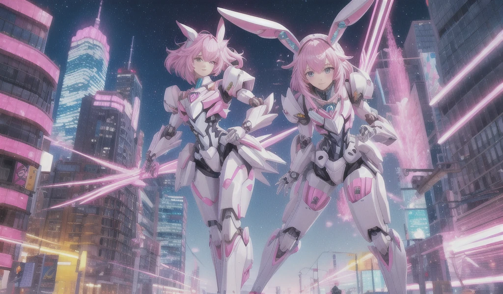 1 girl, full body esbian,sat down,dramatic lighting,Pink Mecha,honey mecha,ホワイトPink Mecha,pink long hair,white long hair,small breasts,clothes fit the body,skin as white as snow, face,The most delicate face,naked thighs,8k wallpaper,master piece,best quality,smile,feet,put your foot on the bear,bear pillow