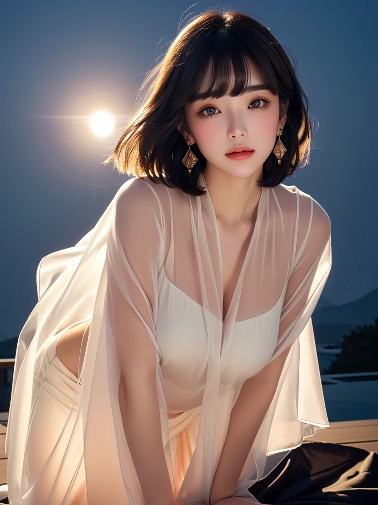 (A hyper-realistic), (illustratio), (hight resolution), (8K), (ighly detailed), (The best illustrations), (beatiful detailed eyes), (top-quality), (ultra-detailliert), (masterpiece), (wall-paper), (detailed face), droopy eyes,full of sweat,Upper body close-up,Armpit,short-hair,inner colored,solo,Girl in simple white underwear, japanes, Colossal tits、A smile, moon light, hotel