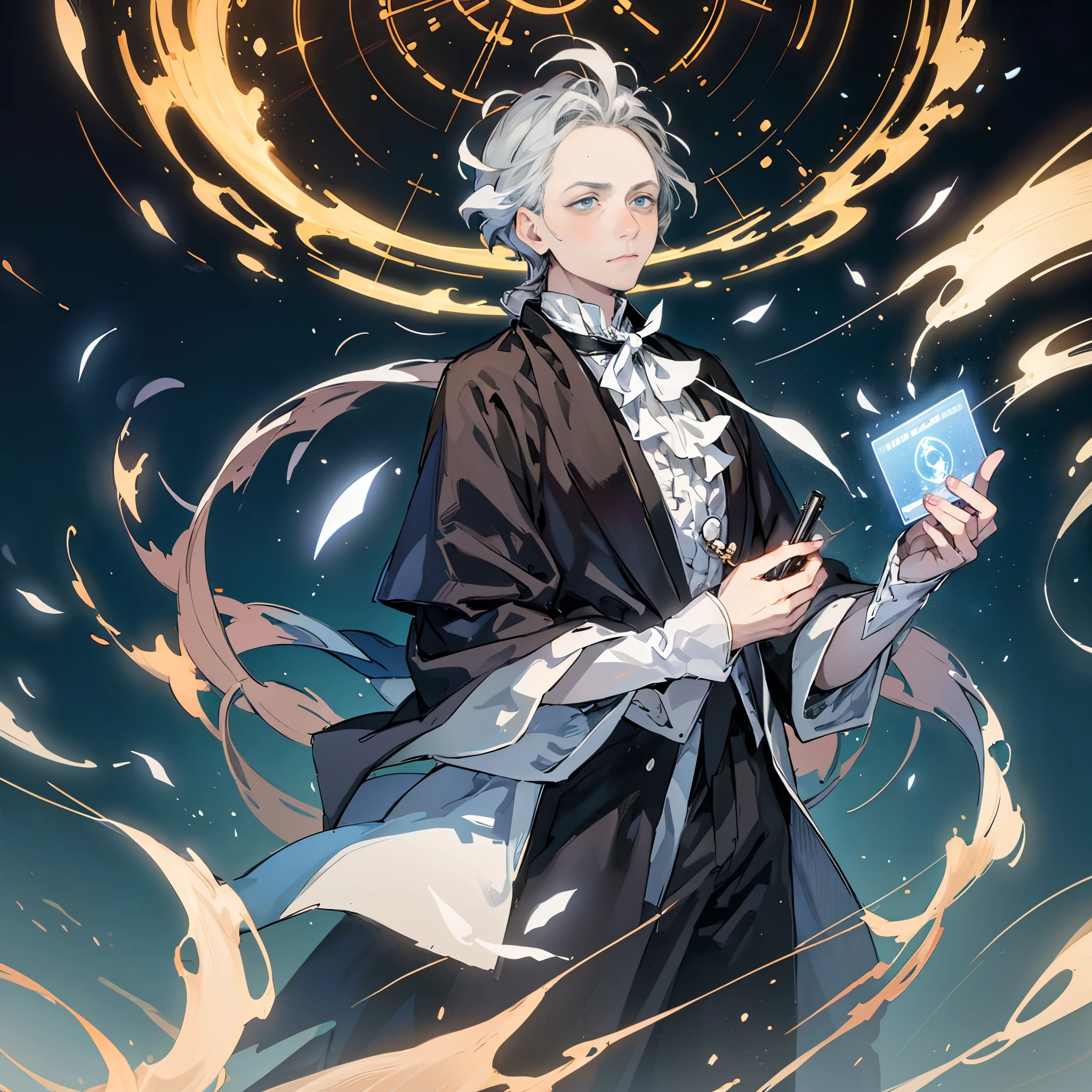 Design a striking image of Immanuel Kant reimagined for the AI age. Depict him as an elderly, wise figure wearing a robe that seems to be woven from streams of data and lines of code. His long beard should merge seamlessly with holographic projections emanating from a high-tech device in his hand. Around Kant, create a swirling vortex of symbols representing empiricism and rationalism, gradually transforming into AI algorithms and neural network patterns. In the background, show a landscape divided into two parts: one side representing the phenomenal world of human experience with tangible objects, and the other side depicting the noumenal world beyond human perception, filled with abstract, unknowable forms. Incorporate a soft, divine glow around Kant, emphasizing his role as a bridge between human and artificial intelligence. Include subtle cybernetic enhancements on Kant's body, suggesting a fusion of human wisdom and technological advancement.