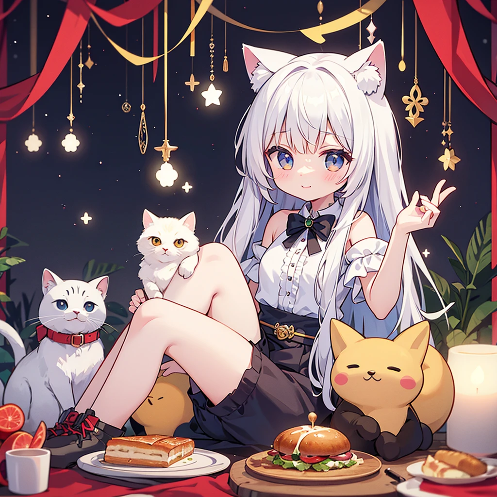 The woman is sitting on the sofa、A small white Pomeranian crawls on his lap。, Opposite the birthday cake, Make a wish on a birthday cake, Celebrating her birthday, She is about 16 years old, White skin, Delicate facial features