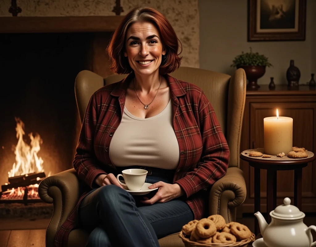 Photorealistic picture, cinematic style, a beautiful old British woman sitting in her armchair drinking tea. She is 70 years old. (Dynamic pose: 1.5), she is smiling to the camera. She has Brown eyes, downturned eye shape, light skin and freckles, lines around her eyes and mouth. gray hair. Long bob hairstyle. gigantic breasts. She's wearing a baggy flannel shirt, white t-shirt, jeans. Comfortable house shoes. She is in a homely, rustic living room. Outside is dark. There is a fire burinng in the fireplace, a candle lit on the side table. She has a tea pot on the table next to her. A basket with cookies. perfect hand,HDR, intricate details ,
