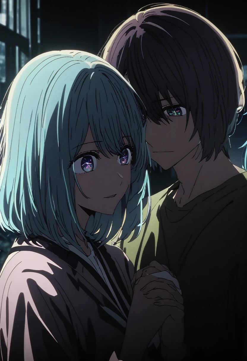 Boy(Aqua Hoshino) with a girl(Akane Kurokawa), couple holding hands in dark scenery, very detailed eyes, best details, high resolution, 4k, best quality, two persons in the photo, one of them is boy and the other one is a girl, upperbody visible
