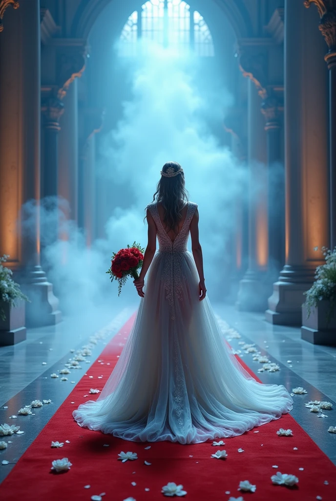 High-quality photorealistic image of a statuesque, ethereal celestial royal bride in a resplendent, intricately detailed shiny silver long-tailed tulle wedding gown with a delicate veil, ornate jewelry, and subtle, shimmering makeup, walking regally towards the altar with a lush, red rose-filled wedding hand bouquet, amidst a lavish, fog-shrouded red carpet scattered with delicate white rose petals, illuminated by dramatic, softbox lights and subtle, ambient fog lighting, captured from a low, reverent angle, emphasizing her majestic, goddess-like presence.Side view photo, Shot with Canon EOS R5, Set a strong contrast that accentuates the subject, Fluorescent blue tone,  Clothes all in one color, beautiful background