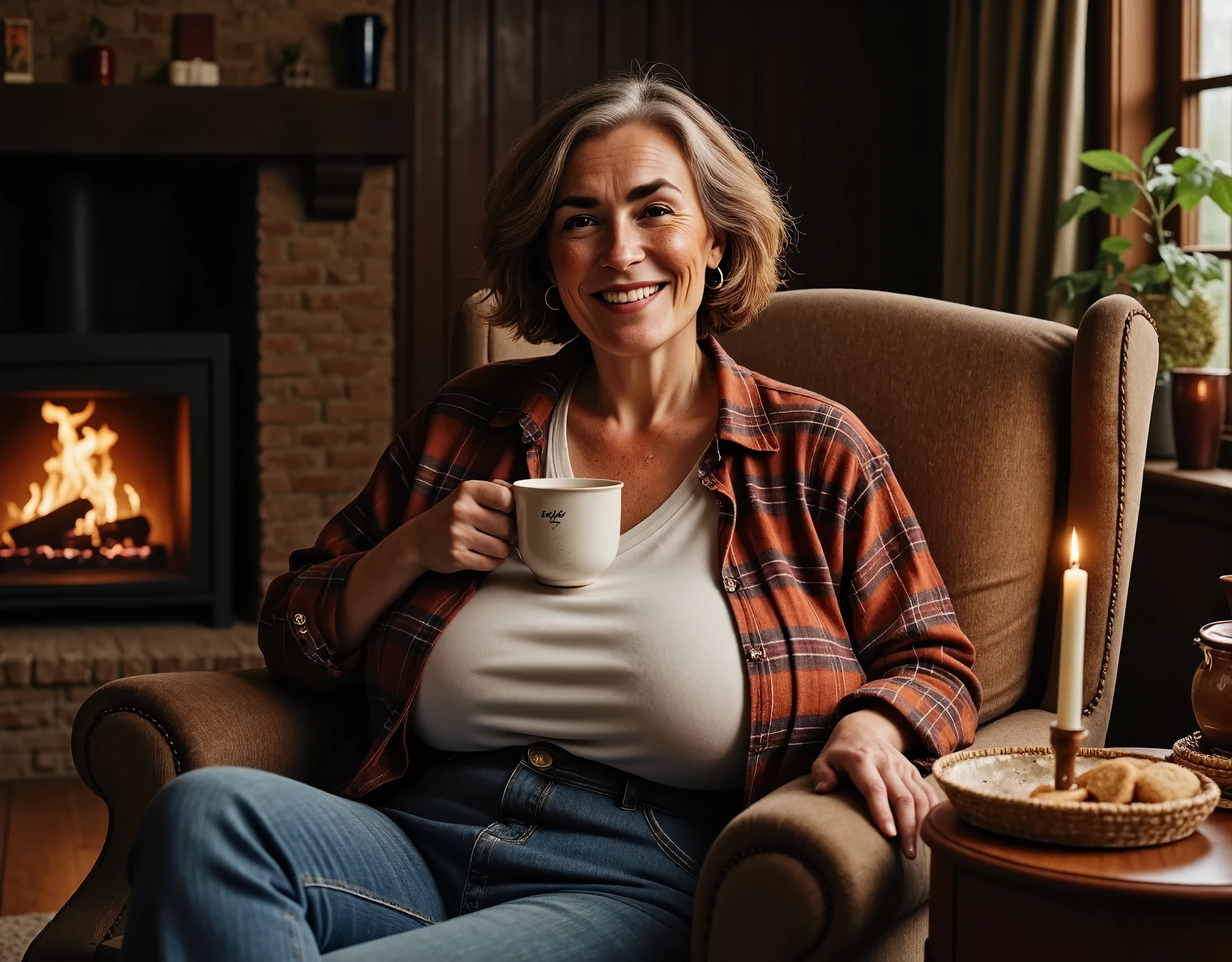 Photorealistic picture, cinematic style, a beautiful old British woman sitting in her armchair drinking tea. She is 70 years old. (Dynamic pose: 1.5), she is smiling to the camera. She has Brown eyes, downturned eye shape, light skin and freckles, lines around her eyes and mouth. gray hair. Long bob hairstyle. gigantic breasts. She's wearing a baggy flannel shirt, white t-shirt, jeans. Comfortable house shoes. She is in a homely, rustic living room. Outside is dark. There is a fire burinng in the fireplace, a candle lit on the side table. She has a tea pot on the table next to her. A basket with cookies. perfect hand,HDR, intricate details ,