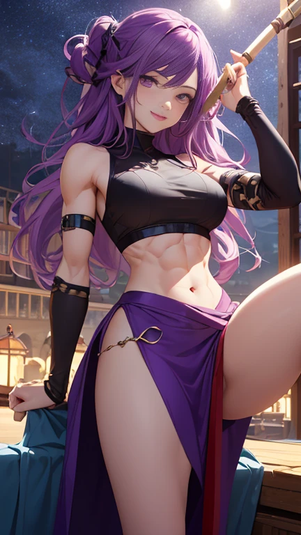 (Highly quality, masterpiece, detailed), night city detailed scenario,Standing on Luxurious Wresaling Ring and Luxurious Wresaling Arena detailed background, 19 years old girl, solo, Determinant to Win mains, long hair, smile, red ribbon, Pink and Purple crop top with Cute Anime Girls Design, medium breasts, Muscular and six packs Figure ,purple eyes, purple hair, lieing on a Luxurious bed, navel, perfect face, beautiful eyes, looking at the viewer, Sexy pose wearing Bra and Skirt , and hitting a girl on a leg with a canddle stick,