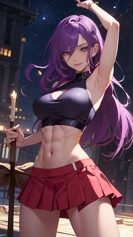 (Highly quality, masterpiece, detailed), night city detailed scenario,Standing on Luxurious Wresaling Ring and Luxurious Wresaling Arena detailed background, 19 years old girl, solo, Determinant to Win mains, long hair, smile, red ribbon, Pink and Purple crop top with Cute Anime Girls Design, medium breasts, Muscular and six packs Figure ,purple eyes, purple hair, lieing on a Luxurious bed, navel, perfect face, beautiful eyes, looking at the viewer, Sexy pose wearing Bra and Skirt , and hitting a girl on a leg with a canddle stick,