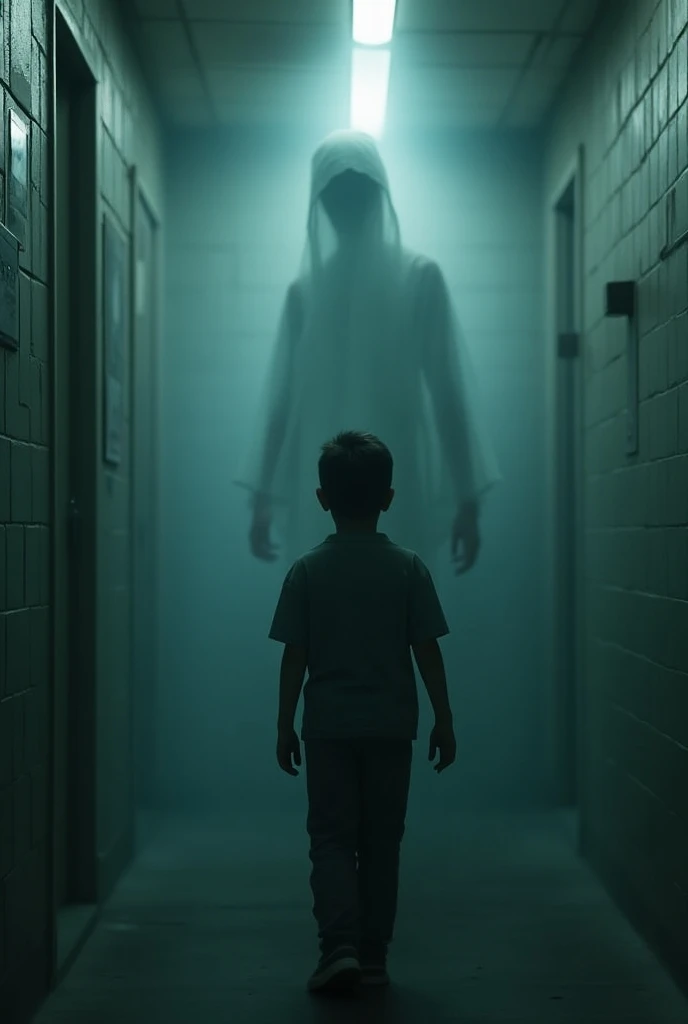Black-haired boy points a finger at the ghost nearby