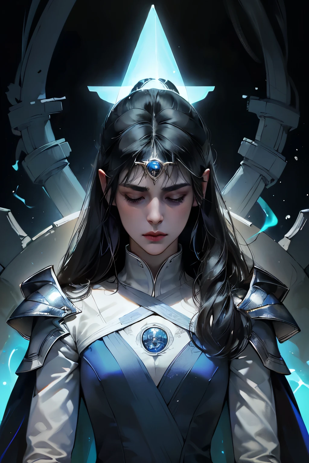 game cover, (Digital art, digital illustration , 4K, ultra detailed , clear image, photorealistic , closed eyes, incredible detail, blue light, background dark blue lighting, Lighting for engraving) 1 woman, ((has power, black hair , hair, long face, thin lips, serious look, brave,28-year-old woman,:1.3)), ((light priestess dress, shoulder pads, blue glow,)),