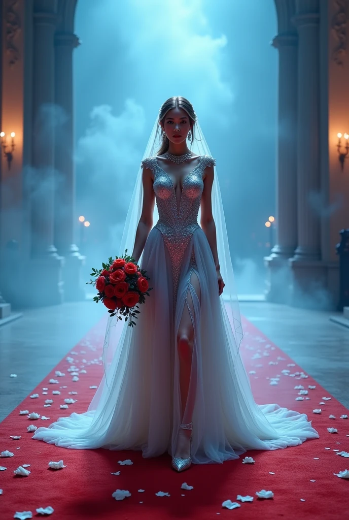 High-quality photorealistic image of a statuesque, ethereal celestial royal bride in a resplendent, intricately detailed shiny silver tulle wedding gown with a delicate veil, ornate jewelry, and subtle, shimmering makeup, walking regally towards the altar with a lush, red rose-filled wedding hand bouquet, amidst a lavish, fog-shrouded red carpet scattered with delicate white rose petals, illuminated by dramatic, softbox lights and subtle, ambient fog lighting, captured from a low, reverent angle, emphasizing her majestic, goddess-like presence.front view photo, Shot with Canon EOS R5, Set a strong contrast that accentuates the subject, Fluorescent blue tone,  Clothes all in one color, beautiful background