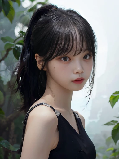 (Best Quality, 16k, Realistic:1.2),  Japanese teenage girl in a misty forest at night , (Detailed skin, Sweet Dress), (Long Hair:1.3, Short bangs), (Mysterious lighting , Thick Fog:1.4),  16K film-like ,  captures the essence of a Japanese teenage girl in the fog of the forest at night, adorned in a delicate Sweet Dress, with long flowing hair and Short bangs. The Detailed skin is meticulously depicted in high resolution, exuding a Realistic quality.  The scene is wrapped in a mysterious atmosphere , with Thick Fog enveloping the surroundings,  creates a mysterious atmosphere under enchanting lighting , flat chest,Thin legs,Slim body,Small waist,Small waist, High Resolution ,  entrance slightly in a cafe in the city,  Seductive Smile,  High Resolution , masterpiece, accurate, Best Quality, Ultra high definition,  very detailed,  textured skin, Dream environment ,(( ponytail)),Unreal Background,Purple Mist,