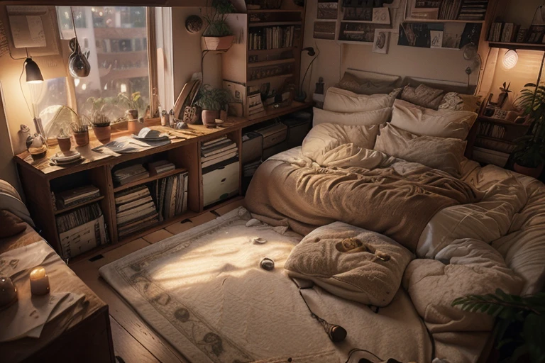 A bedroom that has a cozy and intimate atmosphere, perfect for relaxation and sleep. The room features a large window that overlooks a rainy cityscape, providing a moody and calming backdrop. The bed is covered with soft blankets and pillows, and a cat is peacefully resting on it, adding to the cozy vibe. 

The room is decorated with various framed pictures on the wall, and there are warm, ambient lights and small lamps that create a soft glow. The bedside area is cluttered with books and plants, giving the space a lived-in and personal feel. The overall aesthetic is warm and inviting, making it an ideal spot for a restful night's sleep.