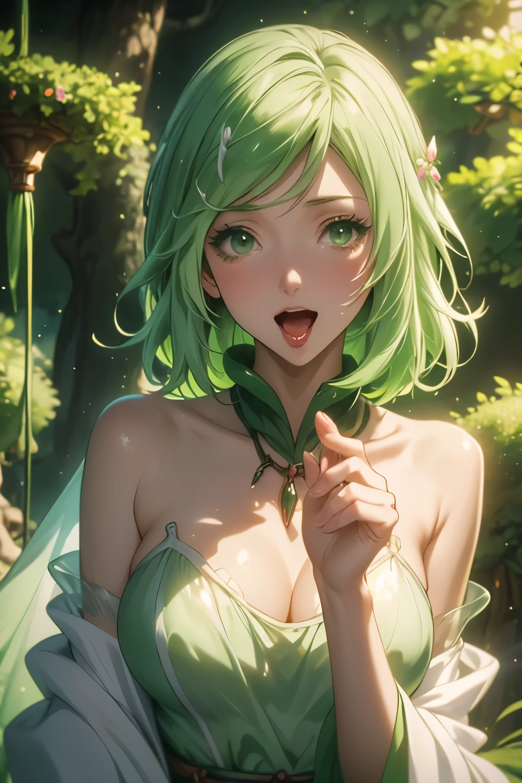 （（（ＳＦＷ、Highest quality、 First Class 、masterpiece、Normal body、8k、Detailed face、Ultra-precision、Normal hand、Normal finger、Masterpiece）））、Tria 、 Dryad、Green Hair、Bobcut、-That Time I Got Reincarnated as a Slime-、Easy smile 、Sexy、pure、transparent white and green robe、See-through nipples、Nipple erection、Sensitive nipples、Estrus、Hot flashes、Shyness、blush、 fellatio in front of hand、 open your mouth wide 、Showing tongue、Blowjob face、suck、Sexy face、See-through、Transparency、Slightly erotic、 sexy pose、Great Forest