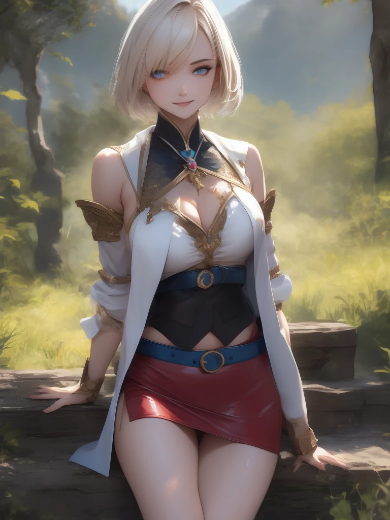 ultra sharp, ultra detailed hair, detailed beautiful face, masterpiece, best quality, absurdres, perfect anatomy, (1girl, solo), good anatomy, Ashelia, short hair, translucent AsheliaOutfit, miniskirt, thighhighs, jewelry, belt, standing, cowboy shot, smile, dynamic pose, dynamic angle, outdoors, plains, hills, dripping wet transparent clothes, (sitting, spreading legs by hands), spread crotch by hands, spread_pussy, (spreading pussy by hands)