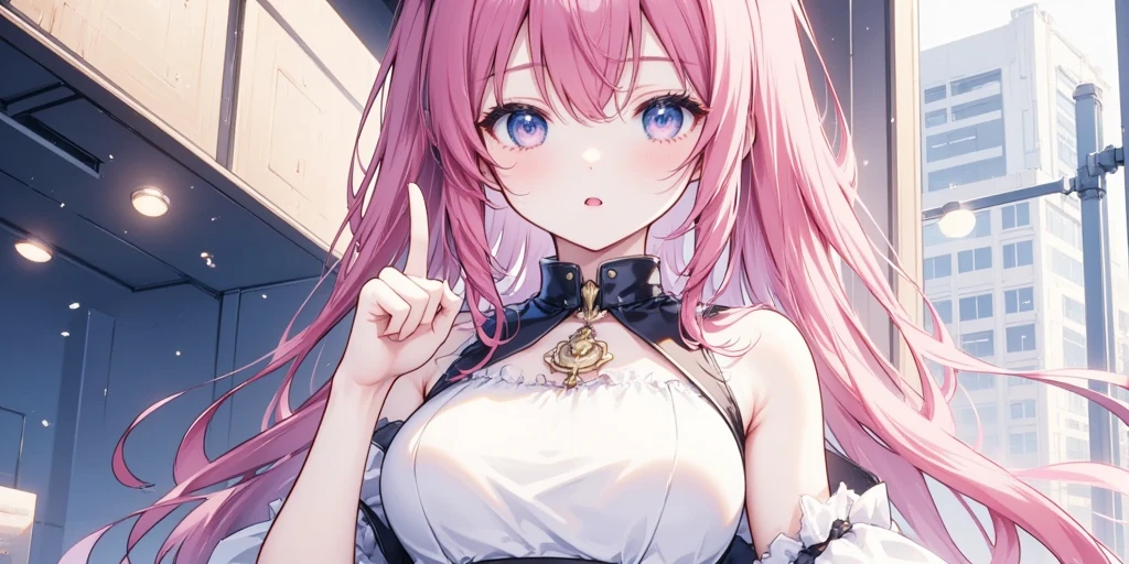 super detailed face, Completely naked, turn your body straight towards you, Angle from slightly above, cute, Looks embarrassed, Beginner&#39;s intention, big breasts, Look up at me, There is a mole on the chest, pink areola, Carefully draw the nipples, solid color background, pink hair, Completely naked