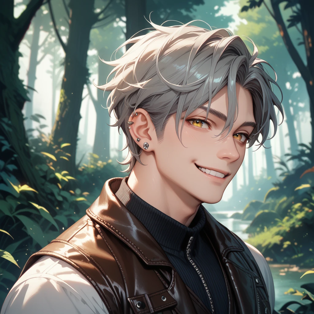 1man, long gray hair, piercing yellow eyes, leather vest, smug smile, standing tall in front of a eerie forest, bulky