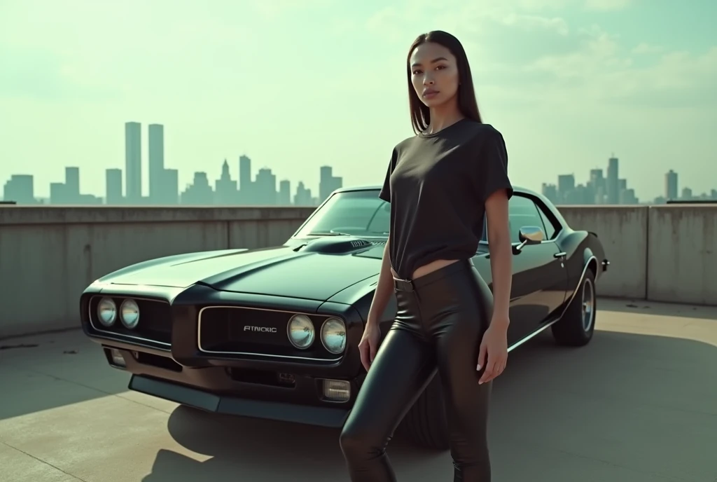 "Shooting on the parking roof . A model in leather leggings and an oversized t-shirt poses against the backdrop of a panorama of New York with Twin Towers. A black Pontiac Firebird . Daylight with a light haze . VHS fading effect ."