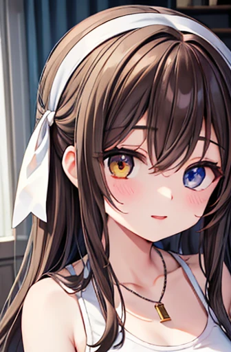 (high quality,  Breathtaking ),(Expressive eyes,  perfect face) Portrait,  1 girl, woman, Alone, 成人woman, Mom, Age late 20s , Brown Hair,  heterochromia left eye is brown and right eye is light blue ,  medium hair length to shoulder , White ribbon in hair,  white headband in hair , Soft wavy hair, A kind smile, Loose hair, Side bangs,  viewers in a cute room, Portrait, Happy expression, Modern clothing,  shirt with loose shoulders , Black Jeans,  elegant in the shape of a small necklace, Mature, Height 5 "6,  hairstyle similar to Haruhi Suzumiya ,Large Breasts、