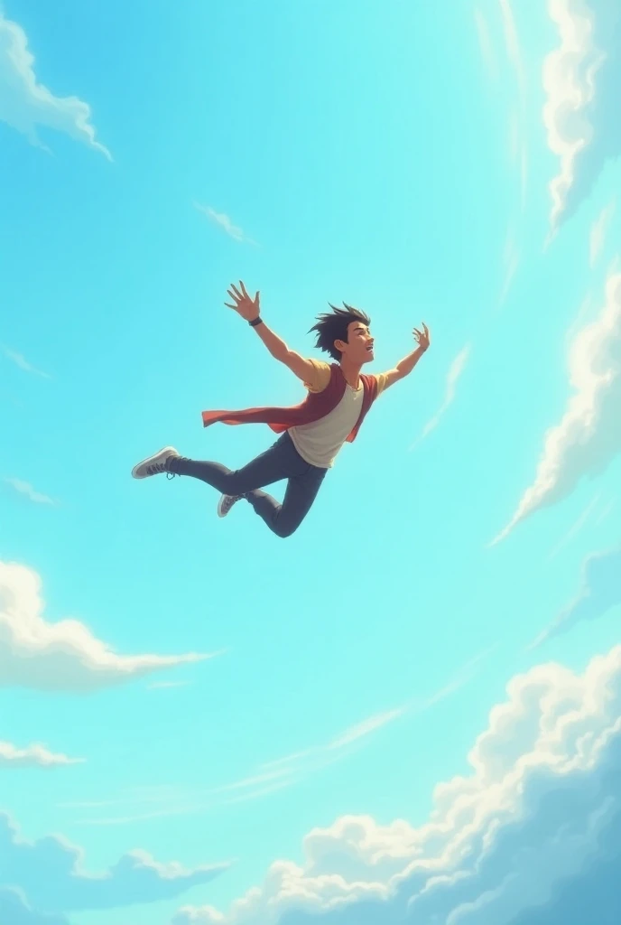 a muscular guy with short hair levitating in a background of clouds