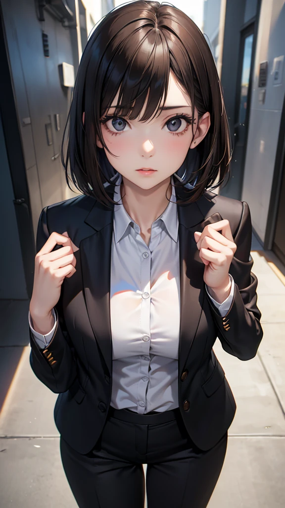 Adult women, Alone, sexy,8K resolution,((Best Quality)),Ultra-high resolution, (Grim expression), (Black eyes), A beautiful, symmetrical face, (brown cut medium hair),Office Jacket, suit pants ,Realistic:1.4,Realistic:1.4,(masterpiece:1.2), perfect eyes,Perfect Eyes, Anatomically Correct Human Body 