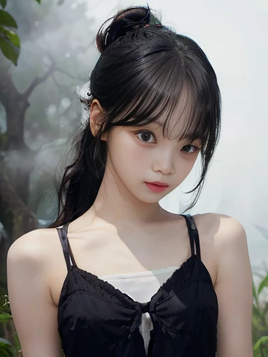 (Best Quality, 16k, Realistic),  Japanese teenage girl in a misty forest at night , (Detailed skin, Sweet Dress), (Long Hair:1.3, Short bangs), (Mysterious lighting , Thick Fog:1.4),  16K film-like , adorned in a delicate clothes, with long flowing hair and Short bangs. The Detailed skin is meticulously depicted in high resolution, The scene is wrapped in a mysterious atmosphere , creates a mysterious atmosphere under enchanting lighting , flat chest,Thin legs,Slim body,Small waist,Small waist, High Resolution ,  entrance slightly in a cafe in the city,  Seductive Smile,  High Resolution , masterpiece, accurate, Best Quality, Ultra high definition,  very detailed,  textured skin, Dream environment ,(( ponytail)),Unreal Background,Purple Mist, thin cotton fabric underwear,extra fine shoulder straps ,No makeup,No makeup,