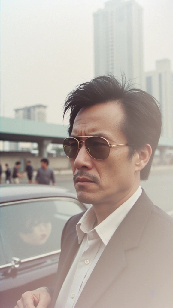 Man with sunglasses,realisticlying,top-quality,tmasterpiece,cinematic compositions,slow motion,(Visible face:1.3),(Realistic physiognomy|The eye|irises|The skin|Muscle tissue,Detailed skins,skin textures,Natural skin),Frontal perspective,Imposing and firm posture,Look forward firmly,skin blemish,Natural skin wrinkles,Natural skin spots,Highly detailed clothes,rich details,intricately details,Realistic wrinkles in clothes,Radiant illumination,deep shading,dramatic scene,Dark and cool tones,red and gray tones, There are no other characters in the scene,detail-rich|复杂,Detailed landscapes,Volumetriclighting,(Detailed lighting),(Detailed light reflection on armor:1.1),8k,highly details,UHD,HDR,Realistic Facial Expression|Hairstyles