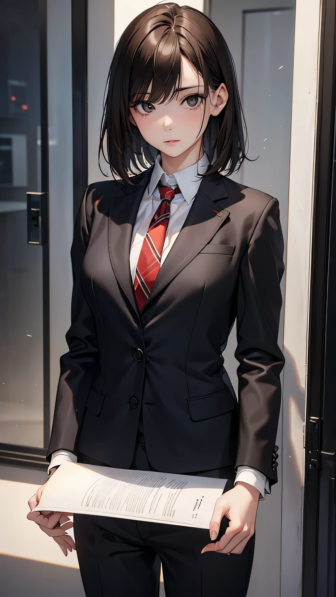 Adult women, Alone, sexy,8K resolution,((Best Quality)),Ultra-high resolution, (Grim expression), (Black eyes), A beautiful, symmetrical face, (brown cut medium hair),Office Jacket, suit pants ,Realistic:1.4,Realistic:1.4,(masterpiece:1.2), perfect eyes,Perfect Eyes, Anatomically Correct Human Body 