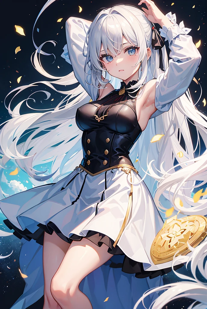 Large Breasts Shining Background Angel Halo Big shiny wings tears Gloomy face camisole Star-shaped earrings Shining Eyes Long white hair Full moon night shooting star universe Fantasy Raise your hands to the sky slender Beauty Bursting Darkness Little black ribbon
