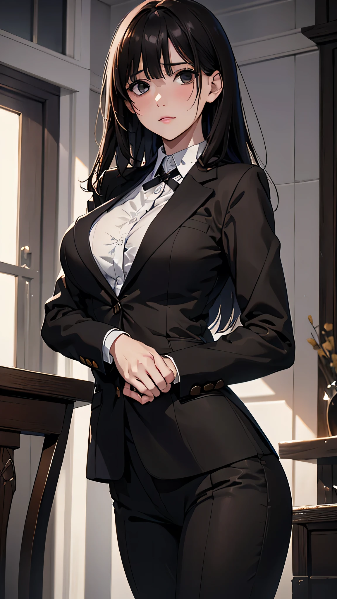 (masterpiece), ((highest quality)), (masterpiece,highest quality,Official Art,Highly detailed CG Unity 8k wallpaper), , photograph, An elegant, upper-class, elite secretary in a business shirt, Working in the office,Wear a strict business suit, Wearing pantyhose,Wear high-quality high heels,Girl in a shirt, business suitを着ている, Huge ,whole body,business suitを着ている, business suitを着て, Businesswoman, Business attire, Wearing a black business suit, Wear a shirt and skirt, A woman wearing a business suit, business suit, business attire,Dramatic Light，Displaying the viewer，Large breasts, big breasts