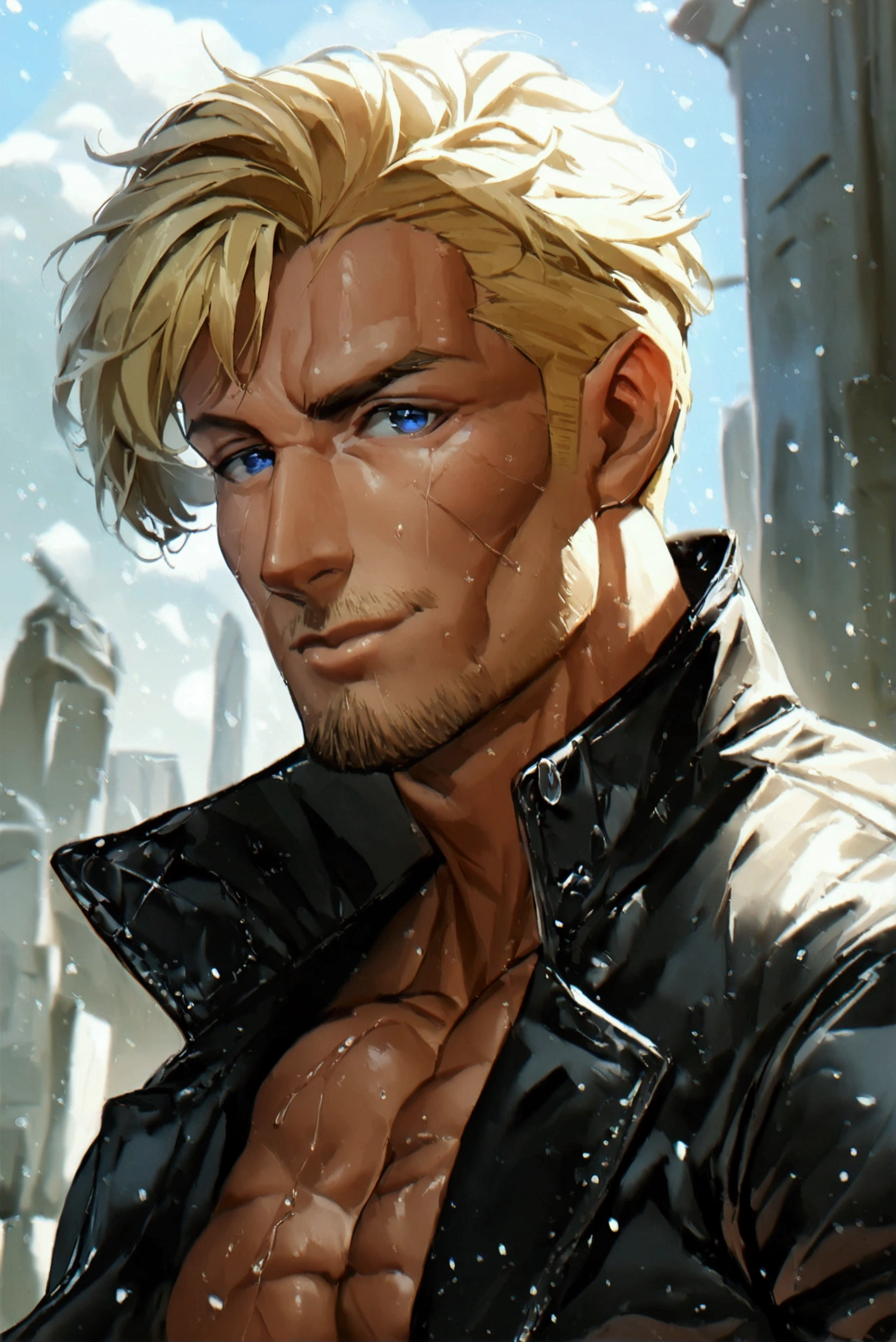 1man, middle-aged man, handsome, 53 year old, blonde hair, quiff sides and tape hairstyle, blue eyes, friendly smile, prominent muscular body, bodybuilder bodyshaped, hypermuscular, taller height, 210 cm height, black sweater, black-v stripped red leather jacket, black trousers with red Y strips, closer distance face, closer distance head, looking at viewers, hyperdetail, aesthetic, dreamy, HD, High Quality, masterpiece, best quality, 8k resolution 