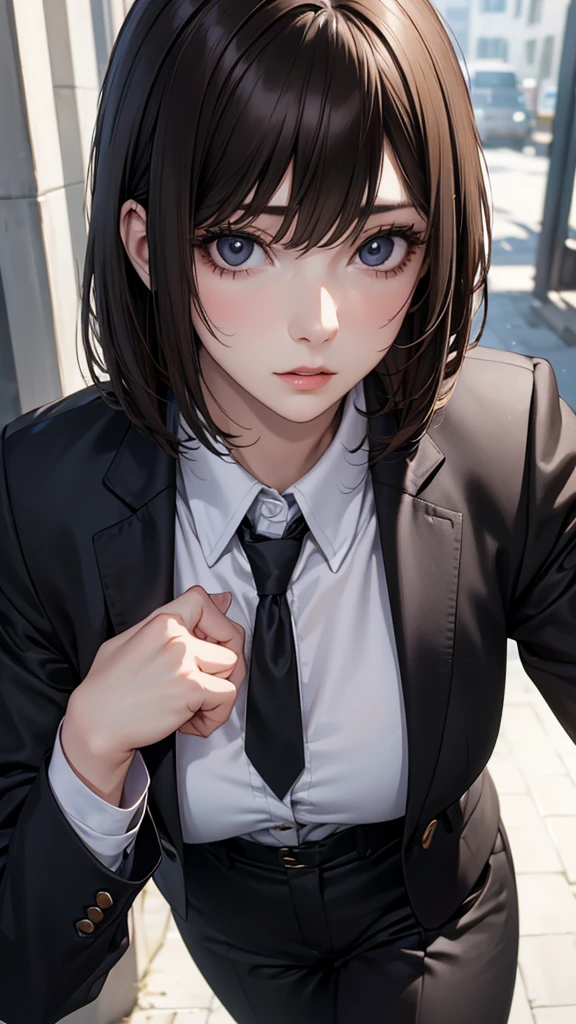 Adult women, Alone, sexy,8K resolution,((Best Quality)),Ultra-high resolution, (Grim expression), (Black eyes), A beautiful, symmetrical face, (brown cut medium hair),Office Jacket, suit pants ,Realistic:1.4,Realistic:1.4,(masterpiece:1.2), perfect eyes,Perfect Eyes, Anatomically Correct Human Body 