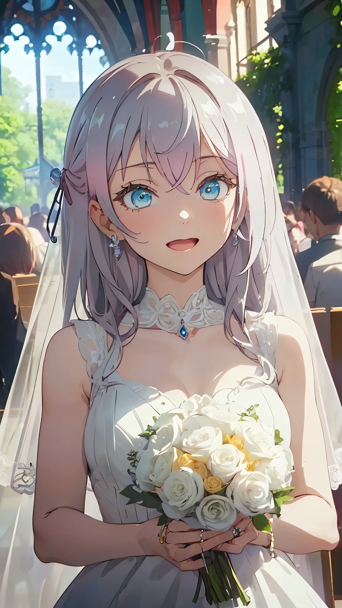 ((best quality)), ((masterpiece)), (detailed), perfect face, (best quality), (detailed skin:1.3), (intricate details), curly hair, Wedding, wedding dress, expression of joy, holding a bouquet in both hands, pure white dress, blonde hair, earrings, engagement ring, church