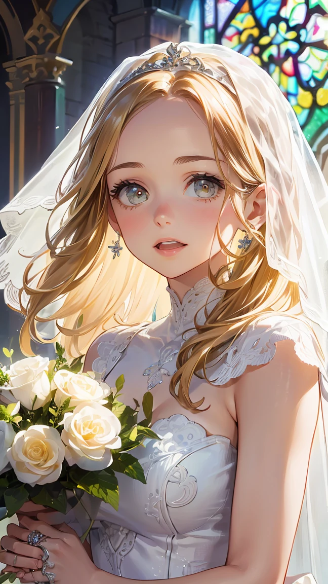 ((best quality)), ((masterpiece)), (detailed), perfect face, (best quality), (detailed skin:1.3), (intricate details), curly hair, Wedding, wedding dress, expression of joy, holding a bouquet in both hands, pure white dress, blonde hair, earrings, engagement ring, church