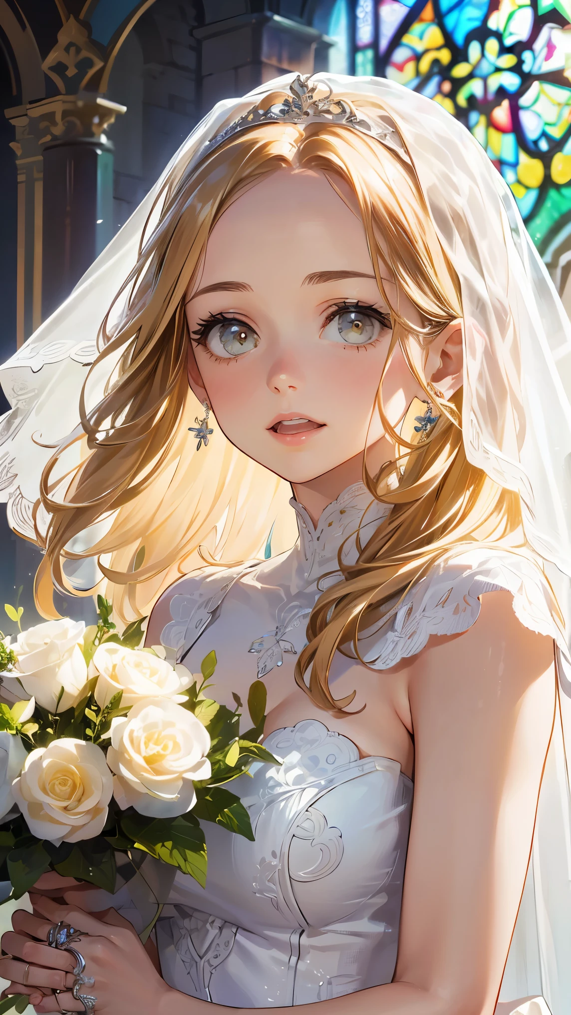 ((best quality)), ((masterpiece)), (detailed), perfect face, (best quality), (detailed skin:1.3), (intricate details), curly hair, Wedding, wedding dress, expression of joy, holding a bouquet in both hands, pure white dress, blonde hair, earrings, engagement ring, church