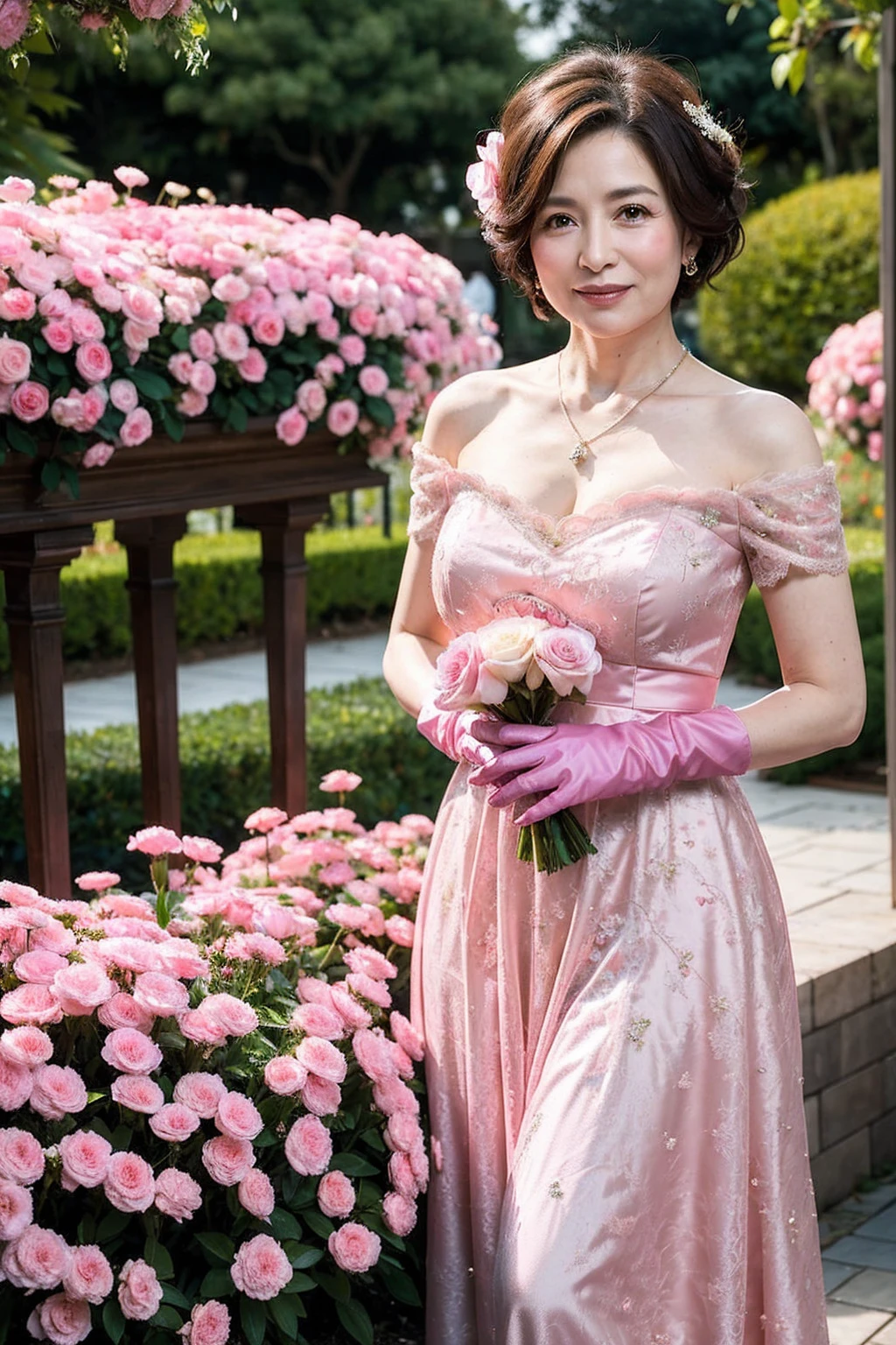 ((Masterpiece)), ((Best Quality)), A middle-aged short-hair woman, ((She is wearing an ornamental pink wedding dress)), She is in a garden, she is wearing a necklace, She is wearing gloves on her hands, from side