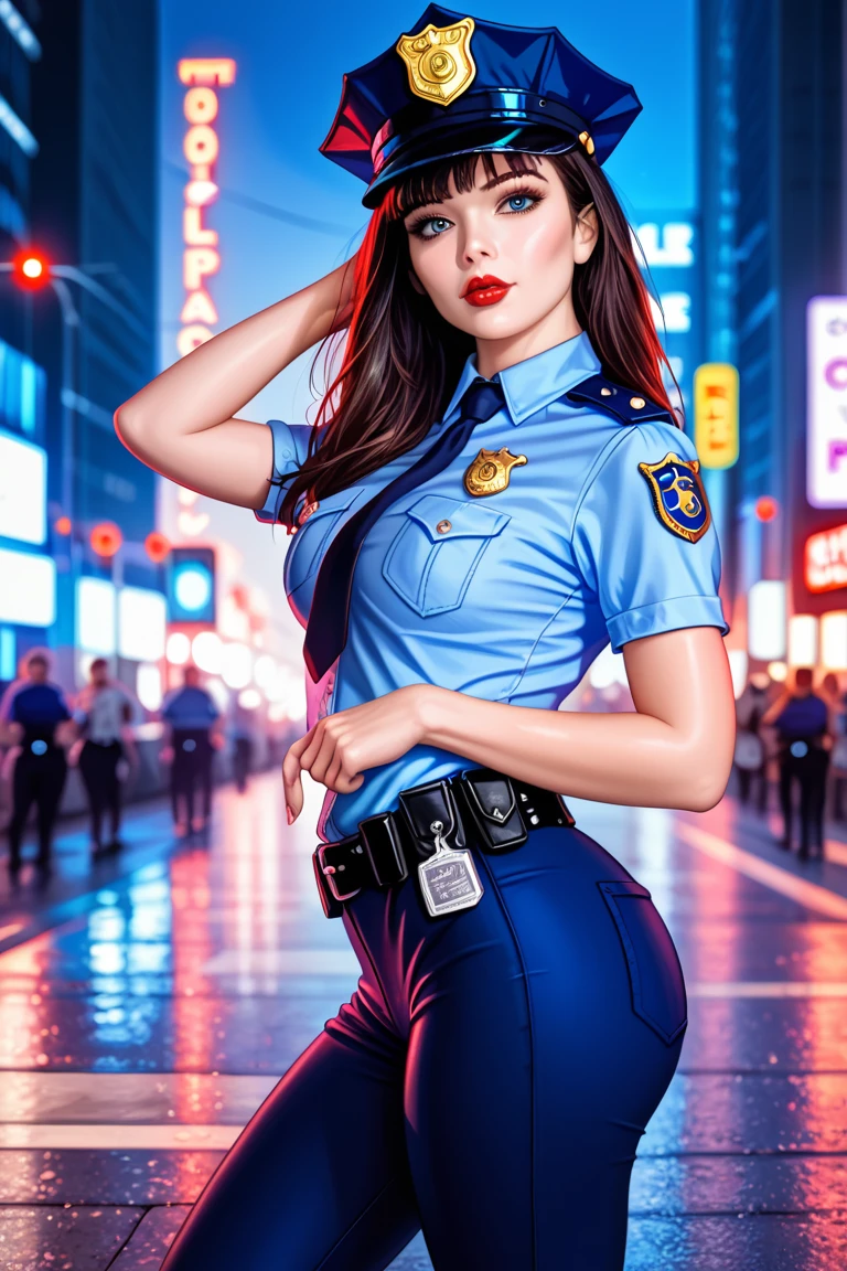  alone, (Police uniform, Policewoman), stocking, City Lights, (  and look at the audience: 1.3), Lips parted, Red lips,  glossy skin , Skin dimpling,  are of the best quality,  ultra high resolution, (Realism: 1.4),  