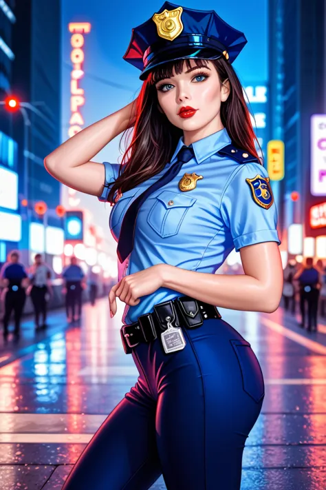 alone, (police uniform, policewoman), stocking, city lights, (  and look at the audience: 1.3), lips parted, red lips,  glossy s...