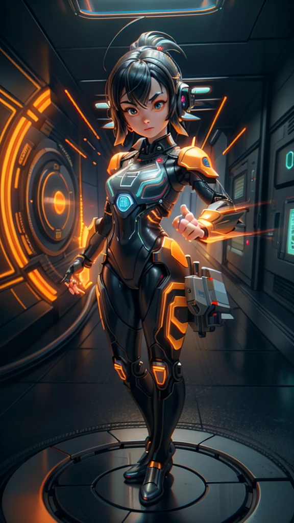 Unreal Engine:1.4,UHD, the best quality:1.4, photorealistic:1.4, skin texture:1.4,  masterpiece:1.8,posing behind Beautiful Woman,(Female Protogen),cyberpunk,mechanic,bright eyes,Orange metal surface,Digital display,advanced technology,Futuristic,Red neon lights,electromagnetic field,sharp edges,Aerodynamic design,Digital organism,biomech,Mysterious atmosphere,Glass visor,Improved senses,Energetic pose,Invisible circuits,holographic projections,Colored cables,cyborg female,(Special station:1.4), ((The hand consists of a short thumb and four fingers,Hand with only five fingers,(detailed face)))