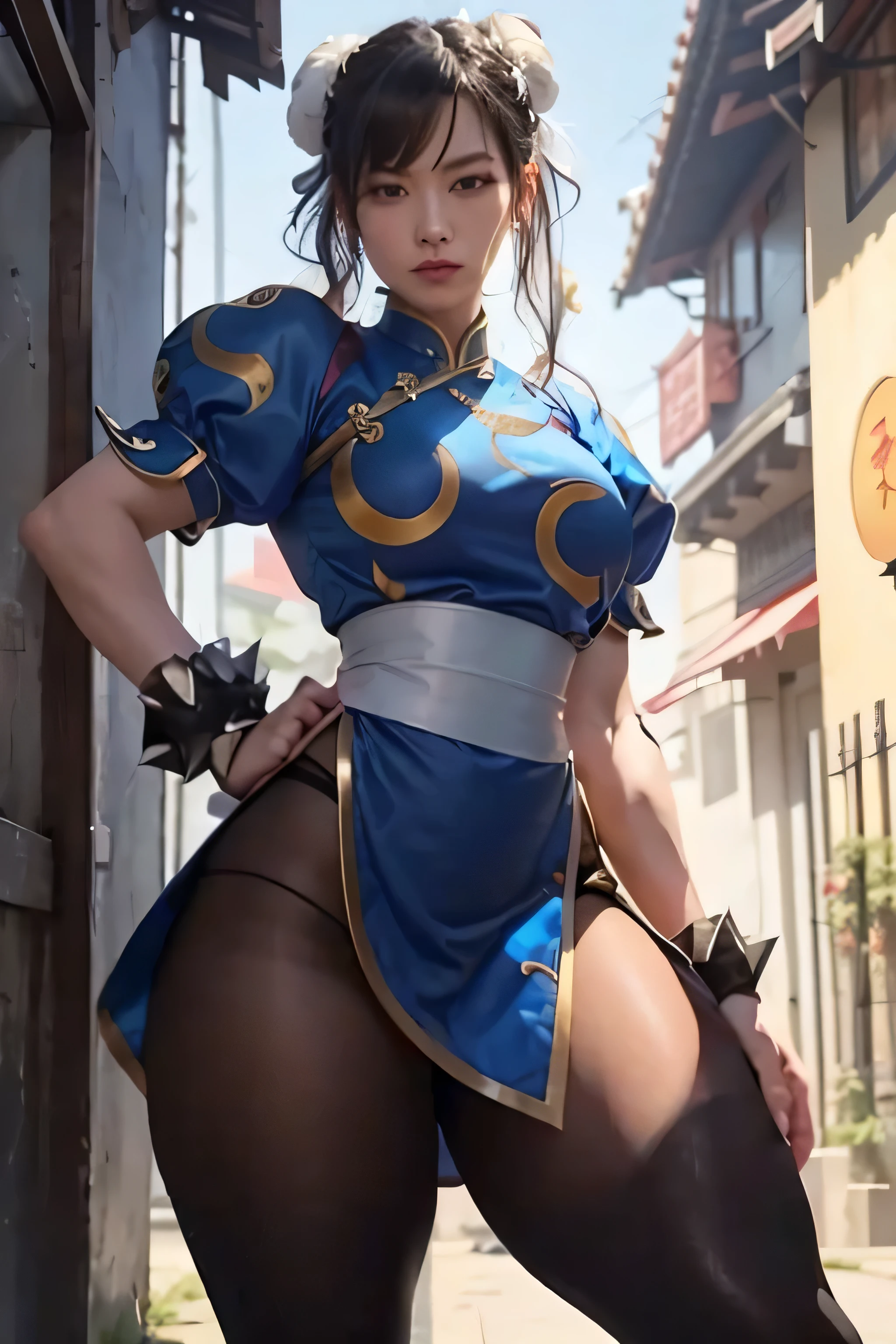 (best quality), (masterpiece, realistic), high res, all detailed, perfect anatomy, Chun-Li, long brown hair, single bun, bun cover, Blue qipao, puffy sleeves, sash, spiked bracelet, pantyhose, white long boots, medium breasts, (injury skin, scar skin, bleeding skin, torn clothes:1.2), cloth pieces, BREAK NSFW, solo, 1girl, ass focus, (kneeling, from behind, looking back:1.19), (embarrassed, crying, tears:1.18), sigh, blush, sweat, saliva trail, (outdoors, street, stone flooring), cinematic lighting, diffraction spikes, zettai ryouiki, three quarter view