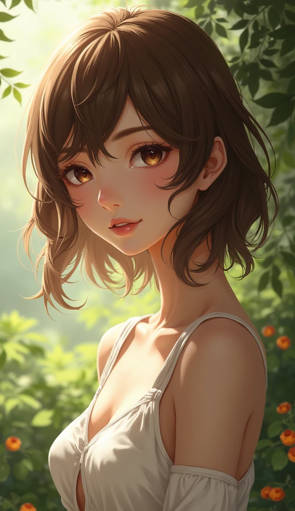 masterpiece, best quality, highres, distinct image, intricate details), 1girl, solo, milf:1.4, ((from front:1.4)),brown large eyes, purple, short hair, parted bang,happy smile,:o, parted lips,
lustrous skin, huge breasts, thick thights:1.5,, Burgundy_wrap_dress, nude_pumps, hoop_earrings, layered_bracelets, suede_crossbody_bag,,A_path_through_a_dense_bamboo_forest,squatting,looking at viewer,, masterpiece, best quality,1girl,long hair,upper body, pink theme,
