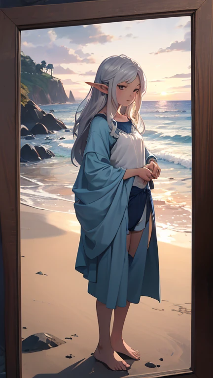 This serene beach scene captures the quiet moment of a young human boy and an ethereal elven girl standing side by side at the water’s edge. The boy, dressed in relaxed board shorts or beach pants, appears peaceful as he gazes out toward the ocean, barefoot in the warm sand. The elven girl, with her flowing silver hair and pointed ears, wears a sea-blue silky tunic that gently moves in the breeze. Together, they share a tranquil connection, framed by the soft pastel hues of the sunset, with waves gently lapping at the shore and seashells scattered around their feet. A beautiful blend of fantasy and reality, this image evokes calmness, magic, and the simplicity of shared moments by the sea.
