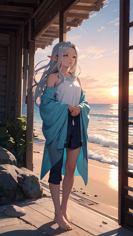 This serene beach scene captures the quiet moment of a young human boy and an ethereal elven girl standing side by side at the water’s edge. The boy, dressed in relaxed board shorts or beach pants, appears peaceful as he gazes out toward the ocean, barefoot in the warm sand. The elven girl, with her flowing silver hair and pointed ears, wears a sea-blue silky tunic that gently moves in the breeze. Together, they share a tranquil connection, framed by the soft pastel hues of the sunset, with waves gently lapping at the shore and seashells scattered around their feet. A beautiful blend of fantasy and reality, this image evokes calmness, magic, and the simplicity of shared moments by the sea.
