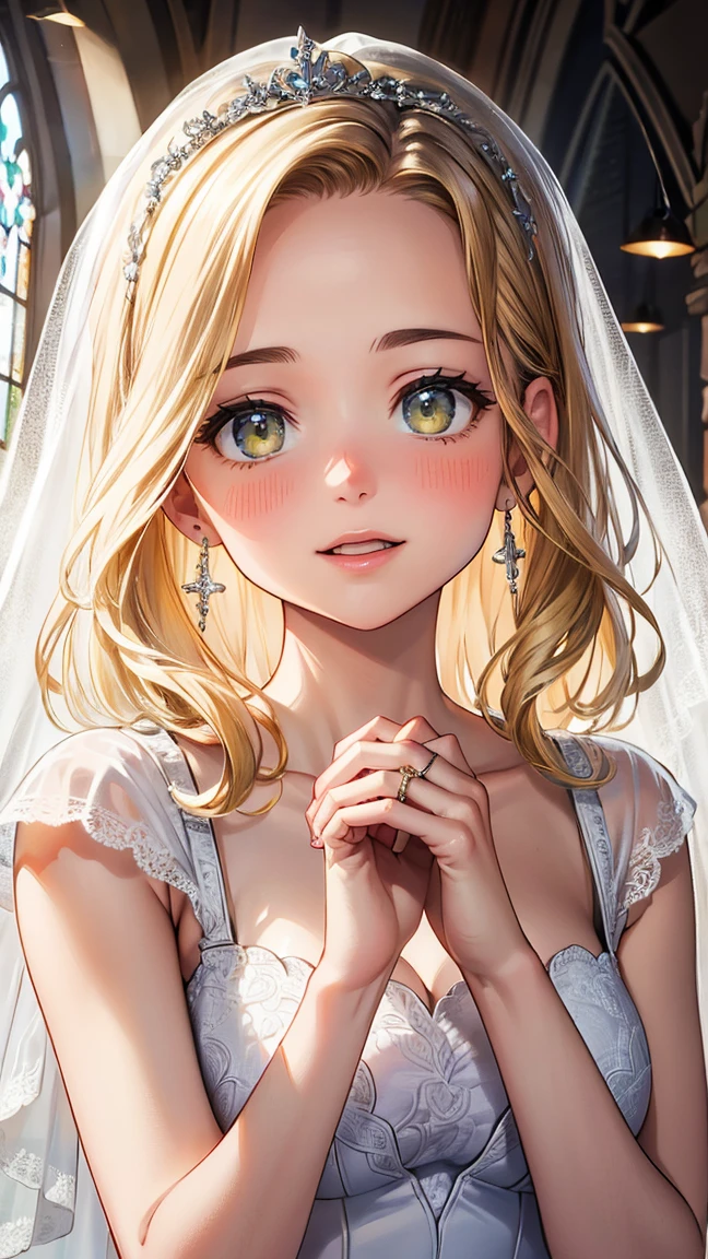 ((best quality)), ((masterpiece)), (detailed), perfect face, (best quality), (detailed skin:1.3), (intricate details), curly hair, Wedding, wedding dress, expression of joy, holding a bouquet in both hands, pure white dress, blonde hair, earrings, engagement ring, church