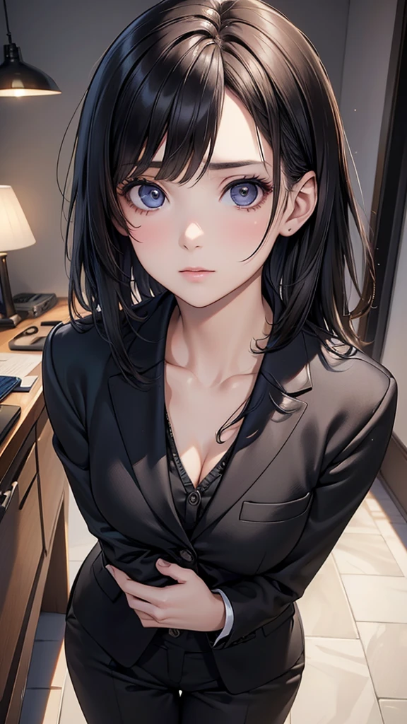 Adult women, Alone, sexy,8K resolution,((Best Quality)),Ultra-high resolution, (Grim expression), (Black eyes), A beautiful, symmetrical face, (brown cut medium hair),Office Jacket, suit pants ,Realistic:1.4,Realistic:1.4,(masterpiece:1.2), perfect eyes,Perfect Eyes, Anatomically Correct Human Body 