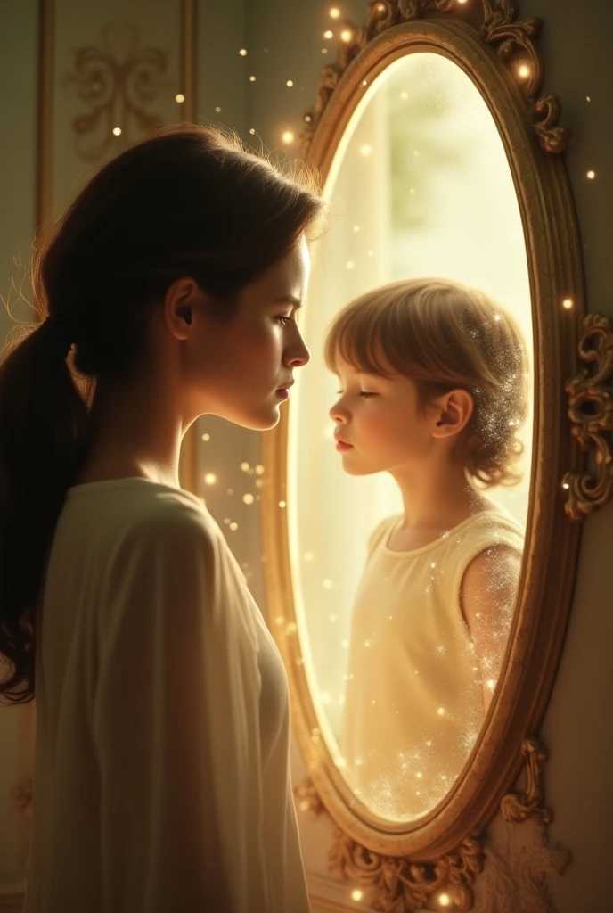 little girl looking in the mirror and seeing herself older