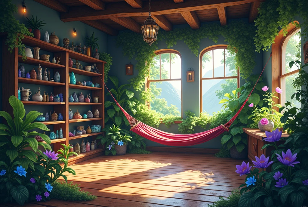 a spacious room with a hammock and several exotic plants and shelves with paranormal components, Empty. I would like the art in a fantasy RPG style . In the Old West