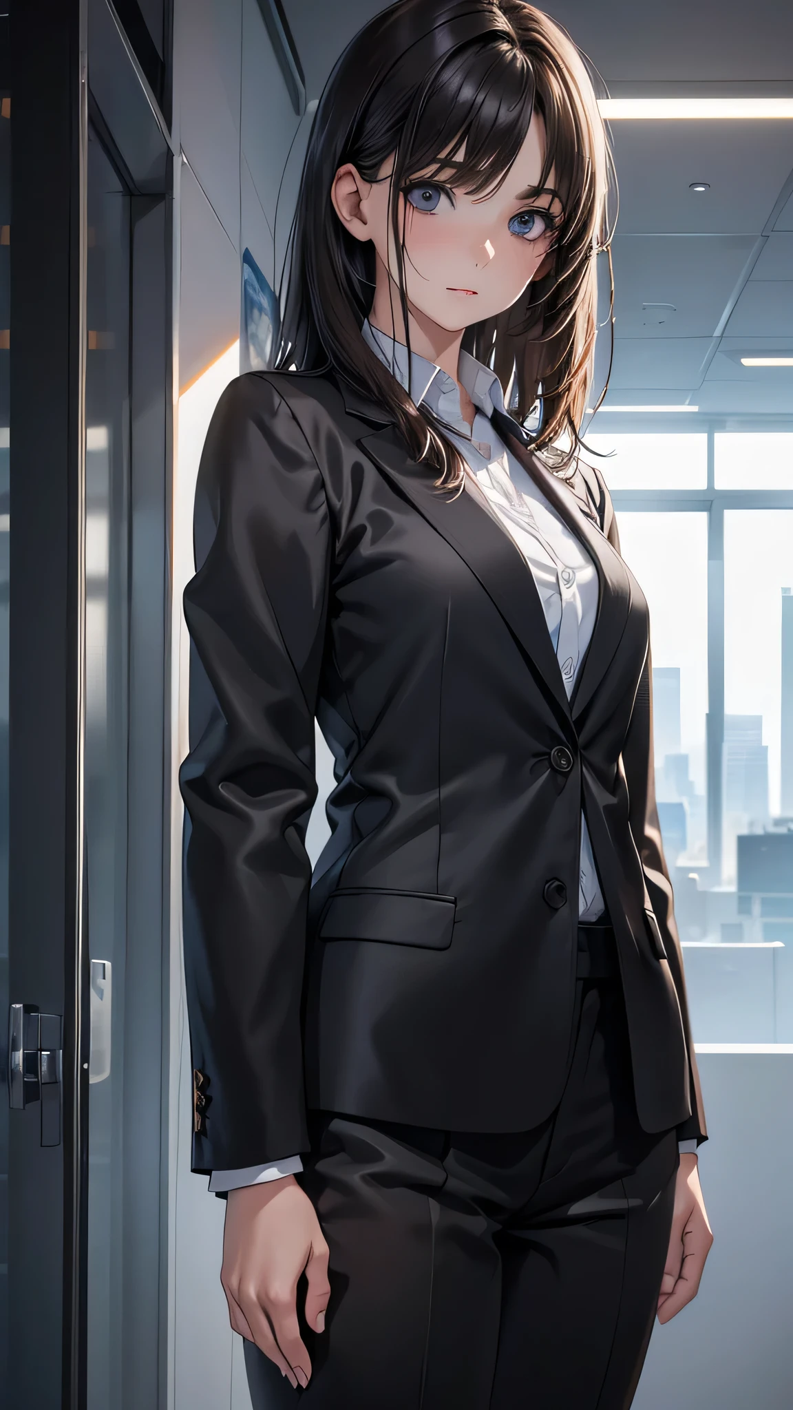 Adult women, Alone, sexy,8K resolution,((Best Quality)),Ultra-high resolution, (Grim expression), (Black eyes), A beautiful, symmetrical face, (brown cut medium hair),Office Jacket, suit pants ,Realistic:1.4,Realistic:1.4,(masterpiece:1.2), perfect eyes,Perfect Eyes, Anatomically Correct Human Body 