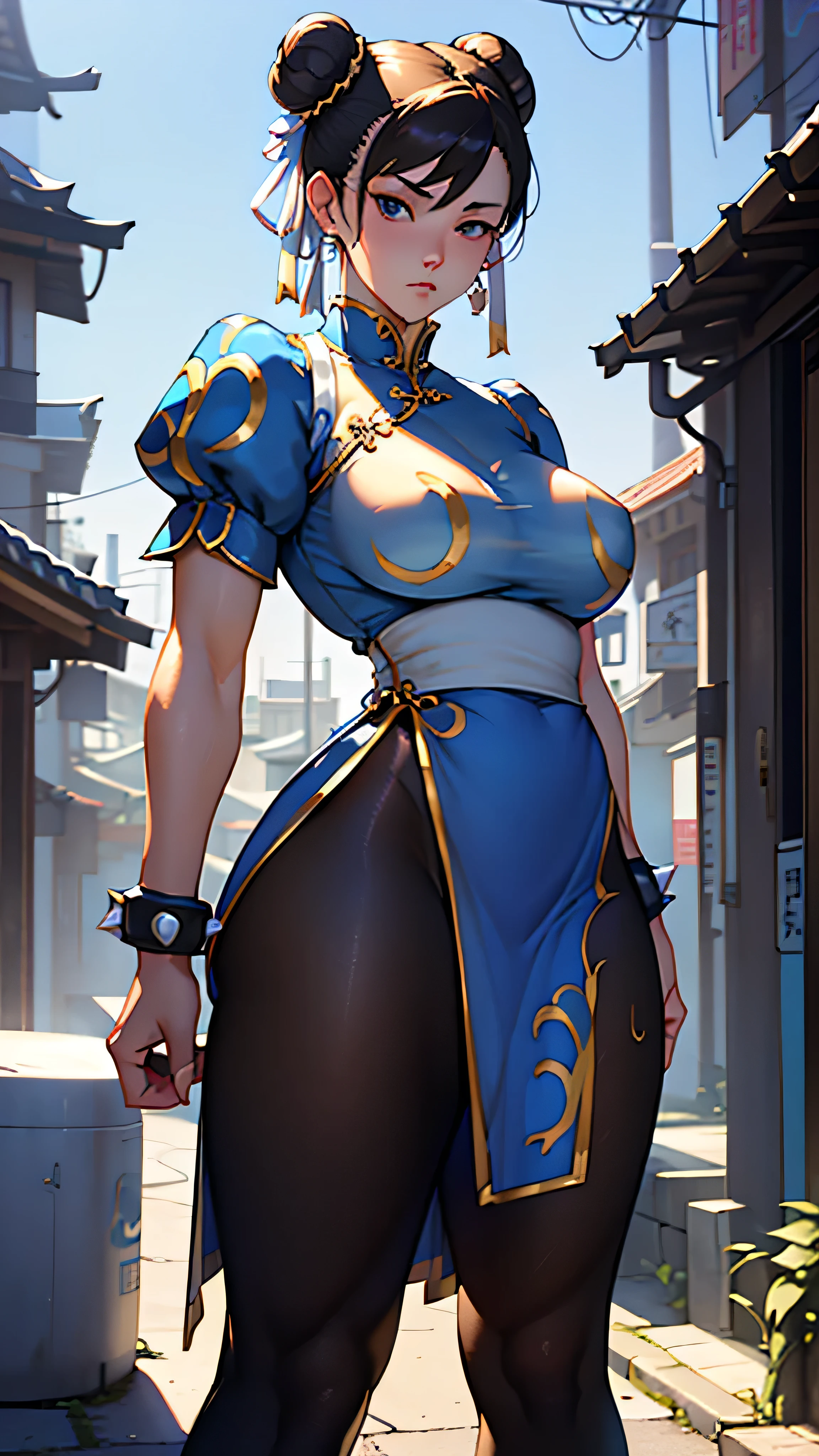 masterpiece,Highest quality, Unreal Engine, Super Resolution, Very detailed,
1 Girl, Waist, thin, (Muscular:0.8)
Round Breasts, Big Breasts, bold,  Lips parted, Observe the audience,
Are standing, sexy pose
Waist shot,
Simple background anime style, Key Visual,
Hair Bun, Blue Chinese clothing, Chunli, Street Fighter,Sticky with sweat,Clothes are also wet, 