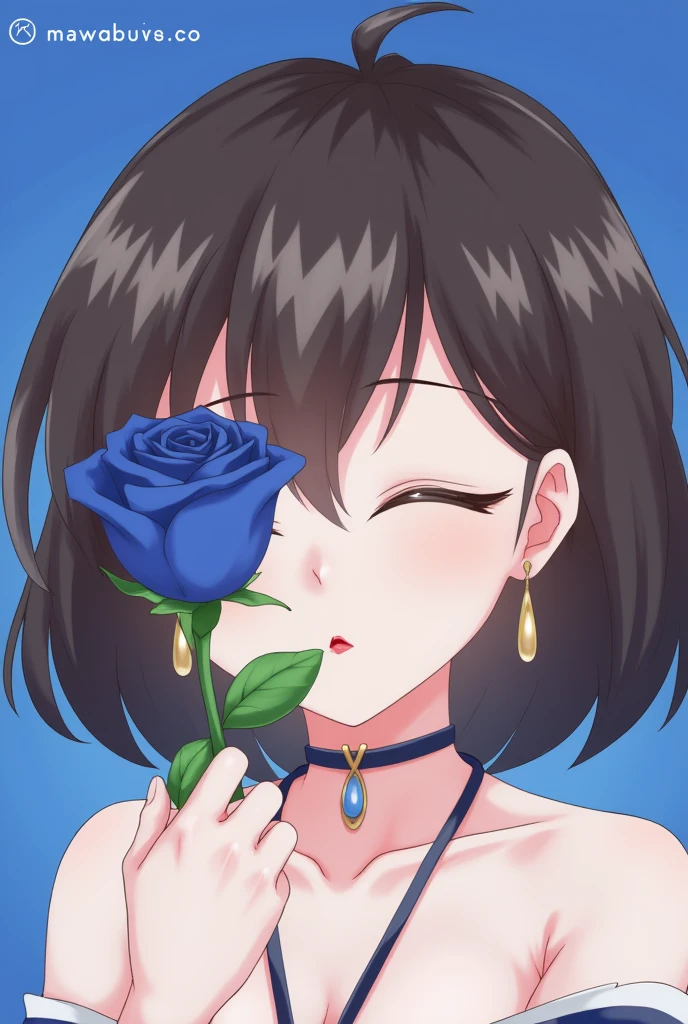 1girl, solo, short hair, simple background, brown hair, black hair, holding, jewelry, collarbone, closed eyes, flower, Flowers placed in front of one eye,earrings, parted lips, choker, artist name, necklace, lips, eyelashes, makeup, rose, watermark, blue background, lipstick, portrait, facing viewer, web address, blue flower, blue theme, holding flower, red lips, blue rose