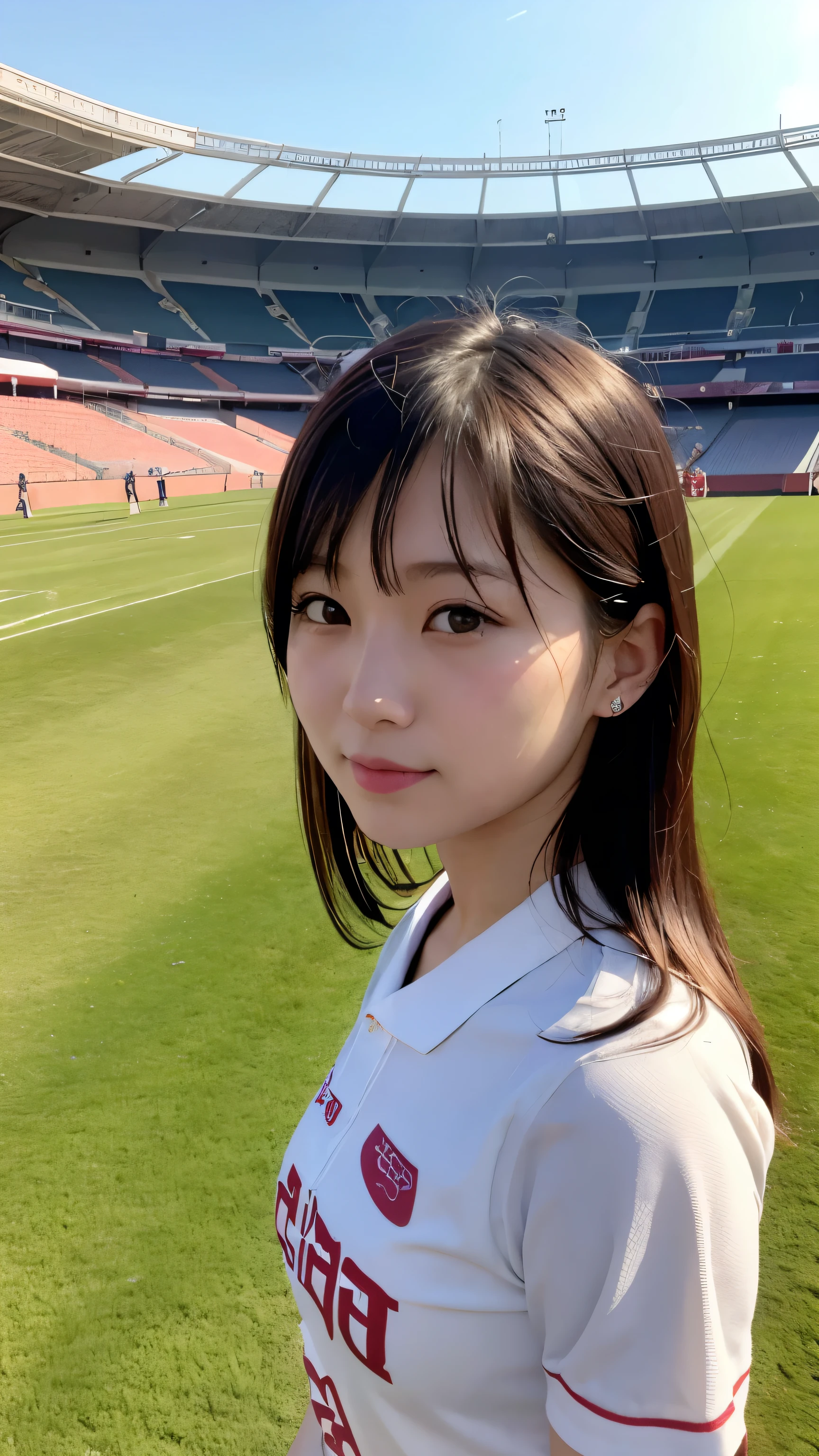 最high quality,Very detailed,finely,High resolution,8K壁紙,Perfect dynamic composition,Young Japanese Woman,Age 25, Black Hair, thin, 4K, 8K, high quality, beauty, smile, White teeth,Beautiful Eyes, Characterized by simplicity, High resolution,1 person,Japanese Idols,Large Breasts,ponytail,Landmine Makeup,Red cheeks,whole body,Soccer uniforms,Stadium,Watching Soccer,Ground