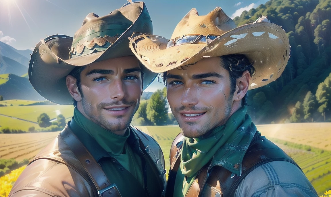 [((highly detailed, detailed eyes, detailed face, clear and realistic facial features, photorealistic, realistic light, cinematic, facing the viewer)), ((((2 men)))), (((((Gorgeous sexy masculine male cowboys, each looks unique))))), ((simple farm outfits)), (((grinning, saucy air))), (((((background is a sunny farm)))))]